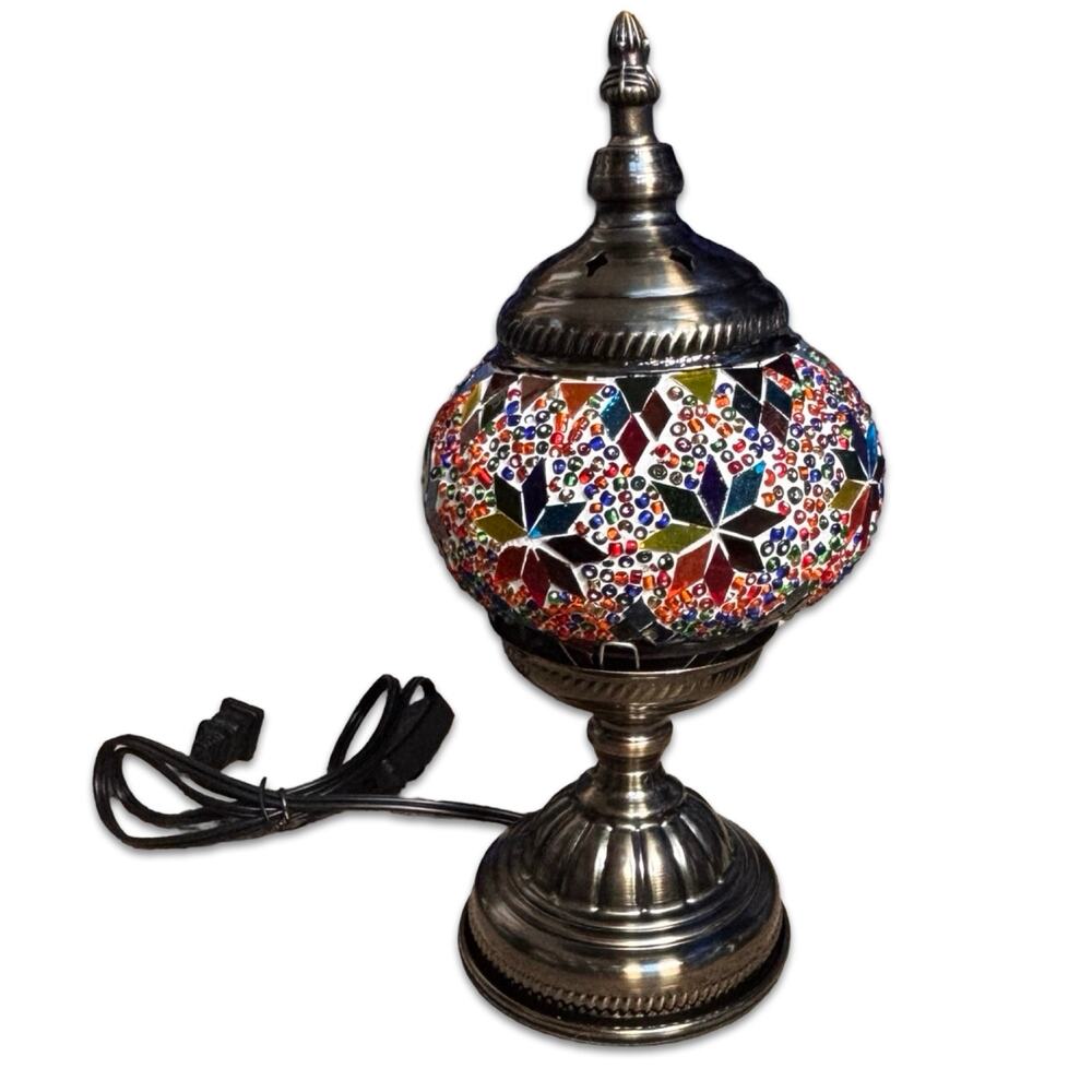 Handmade Mosaic Table Lamp Turkish Style Multicolor Glass Metal Base New In Box